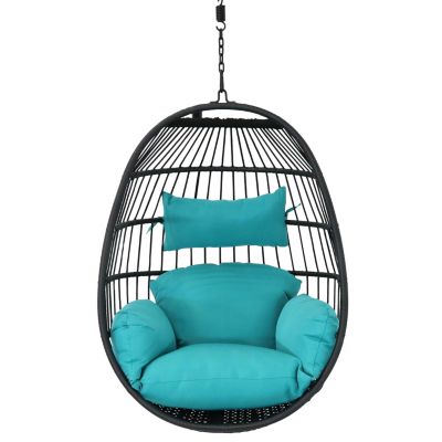Dalia Black Steel and Polyethylene Wicker Hanging Egg Chair with Teal Polyester Seat Cushions - 45-Inch Tall