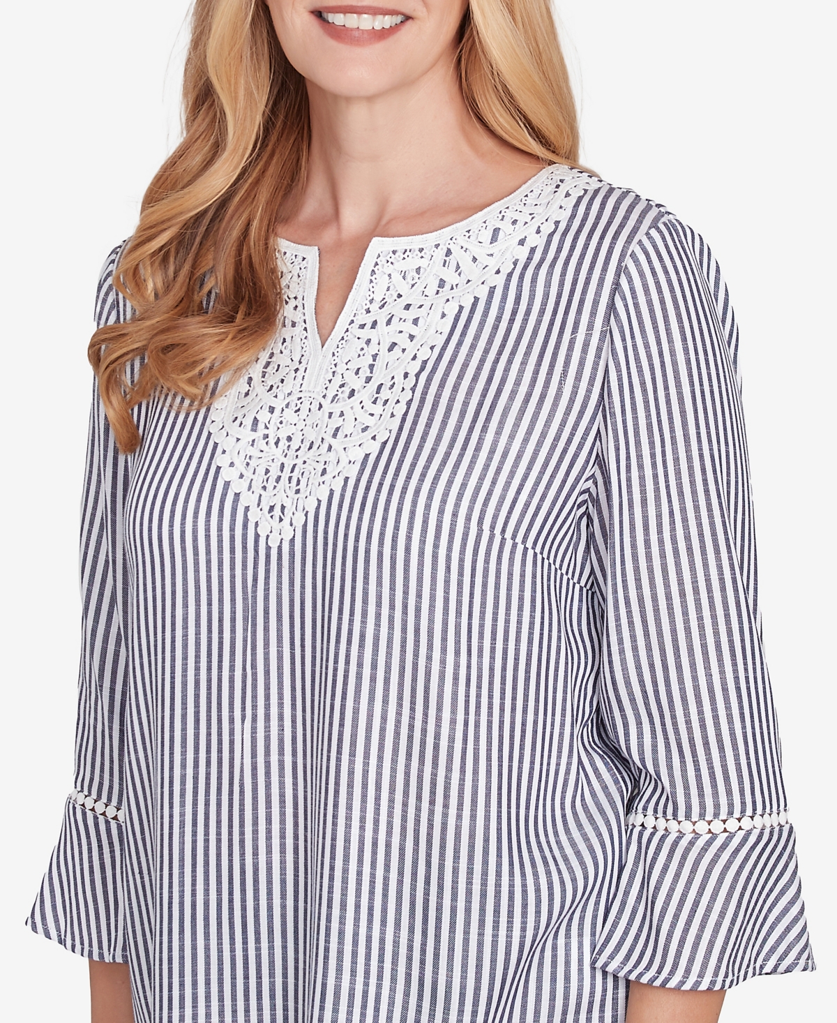 Alfred Dunner Petite Classics Embroidered Split Neck Striped Top In Blue