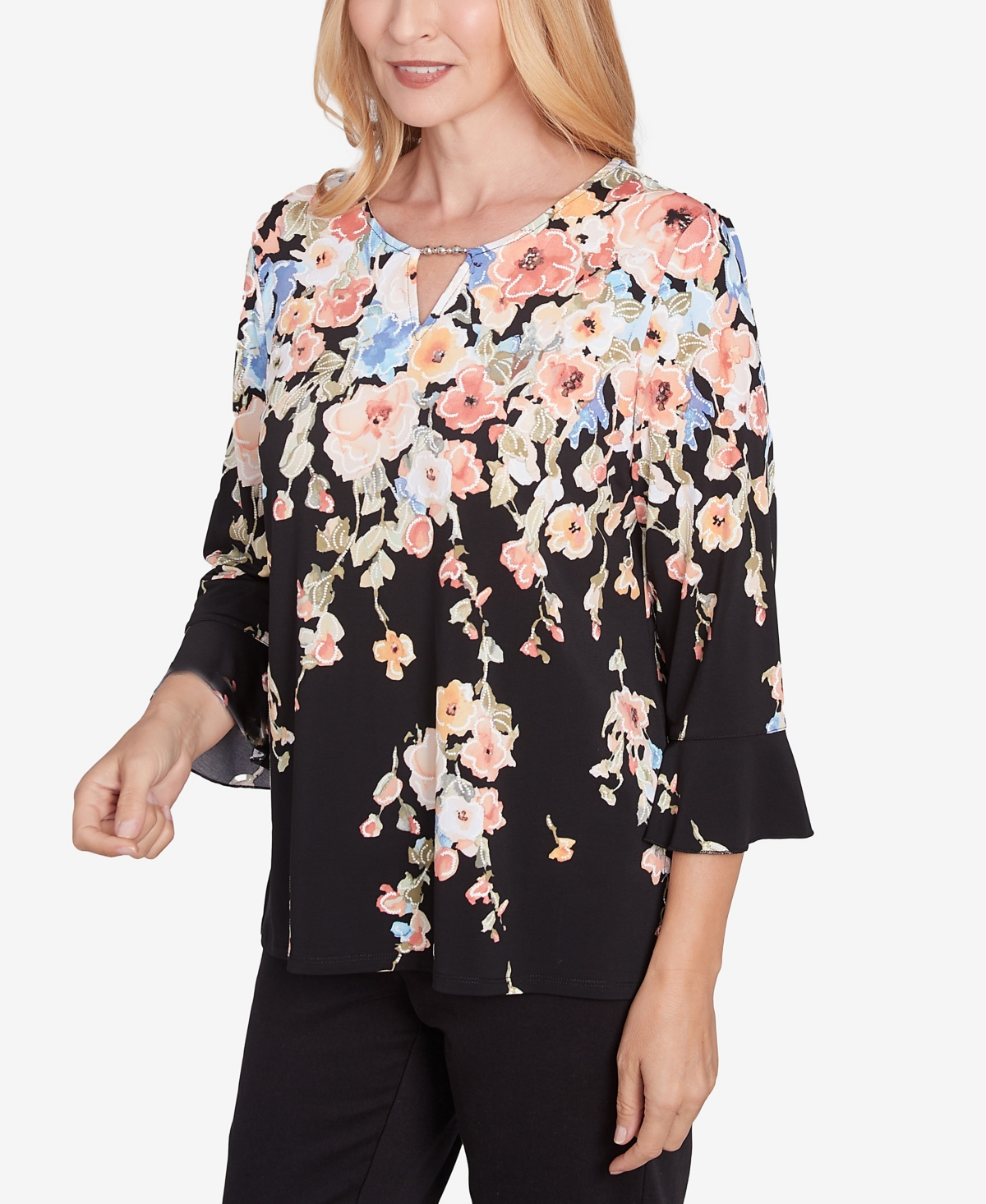 Alfred Dunner Plus Size Classic Falling Flower Beaded Split Neck Top In Black