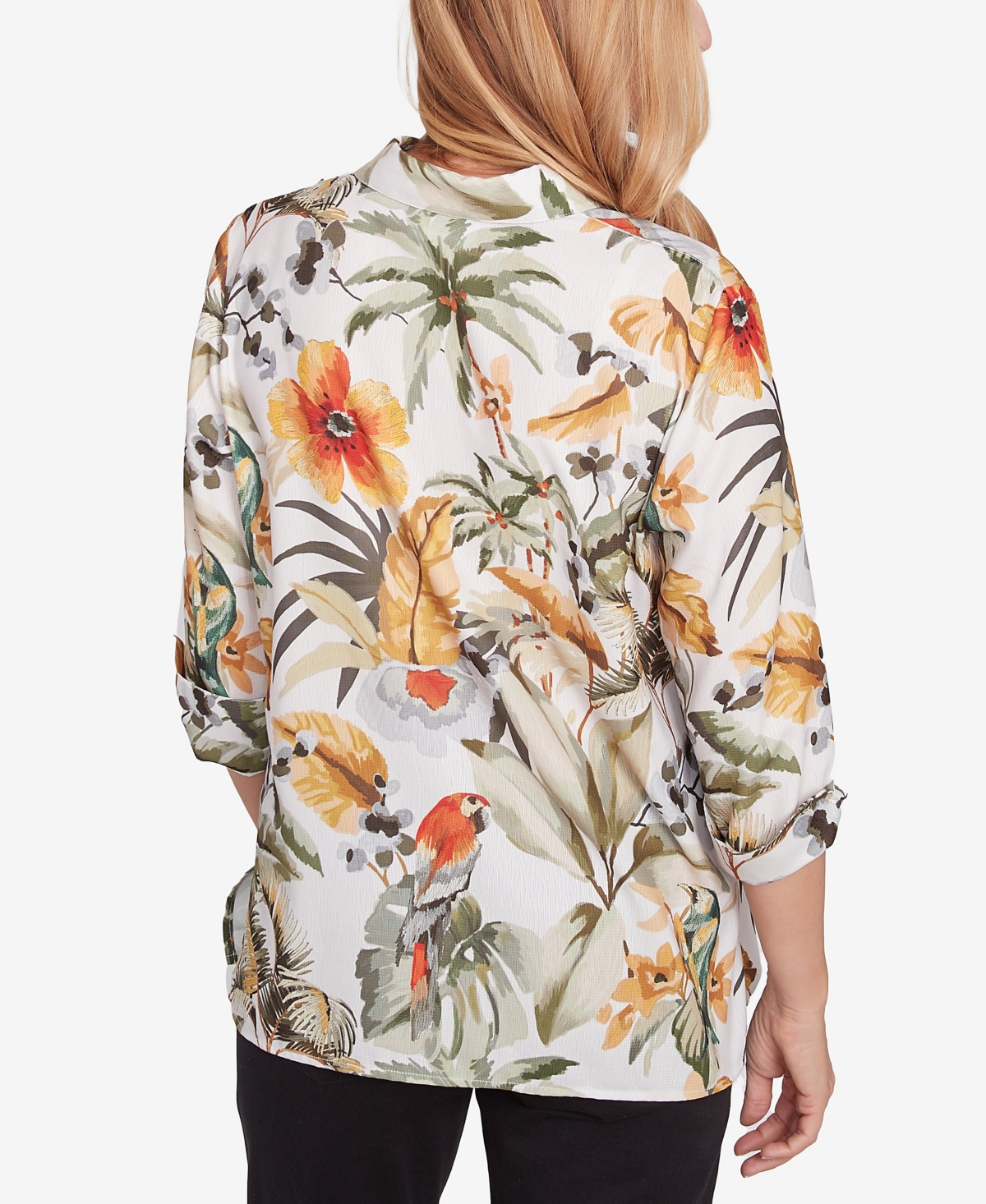 Alfred Dunner Petite Classics Tropical Bird Button Front Top In Olive Multi