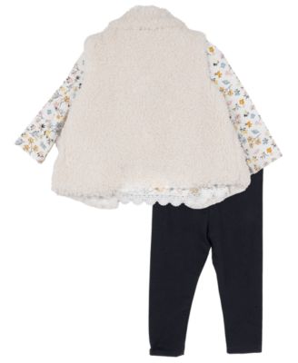 Baby Girl Bear Applique Faux Sherpa Vest with Floral Top and Leggings, 3-Piece Set