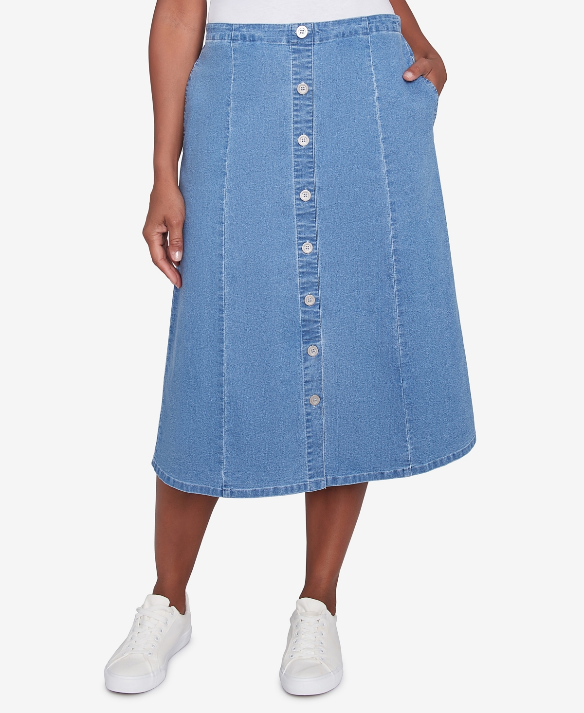 Petite Paneled Full Length Denim Skirts - Medium Denim