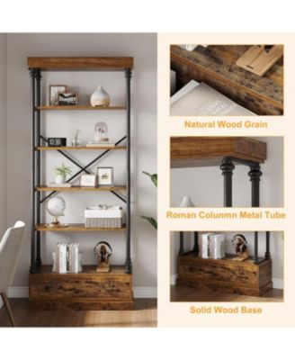 Bookshelf with Drawers Tall Bookcase 5 Tier Bookshelves Vintage Bookshelf