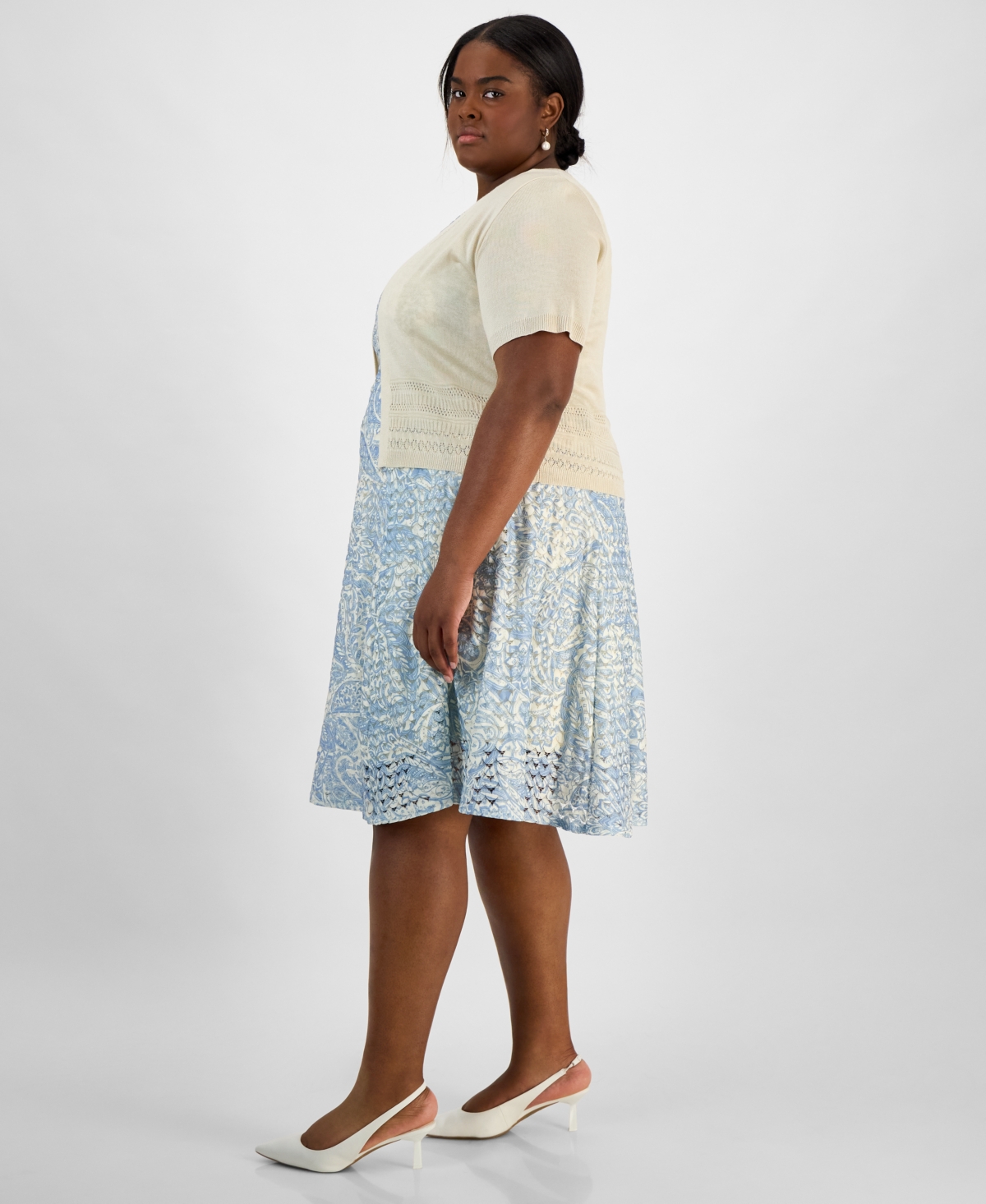 ROBBIE BEE PLUS SIZE POINTELLE KNIT SHRUG & PRINTED A-LINE DRESS SET 