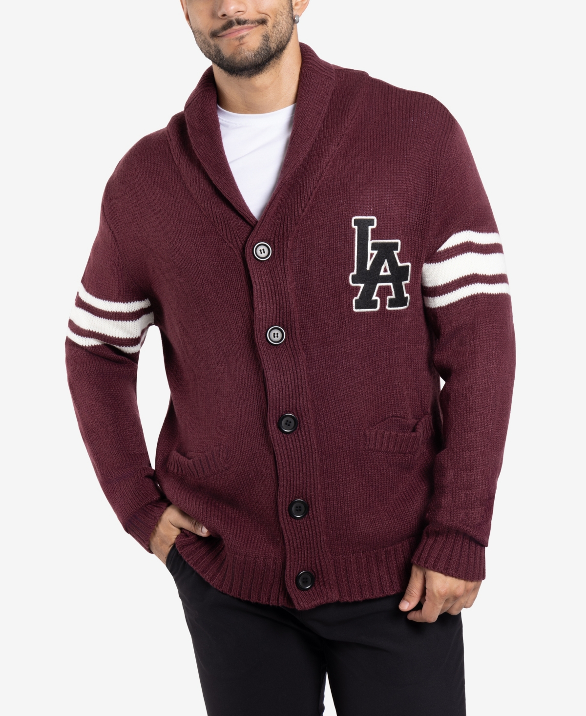 Men's Shawl Collar Heavy Gauge Cardigan with City Patch - Cream