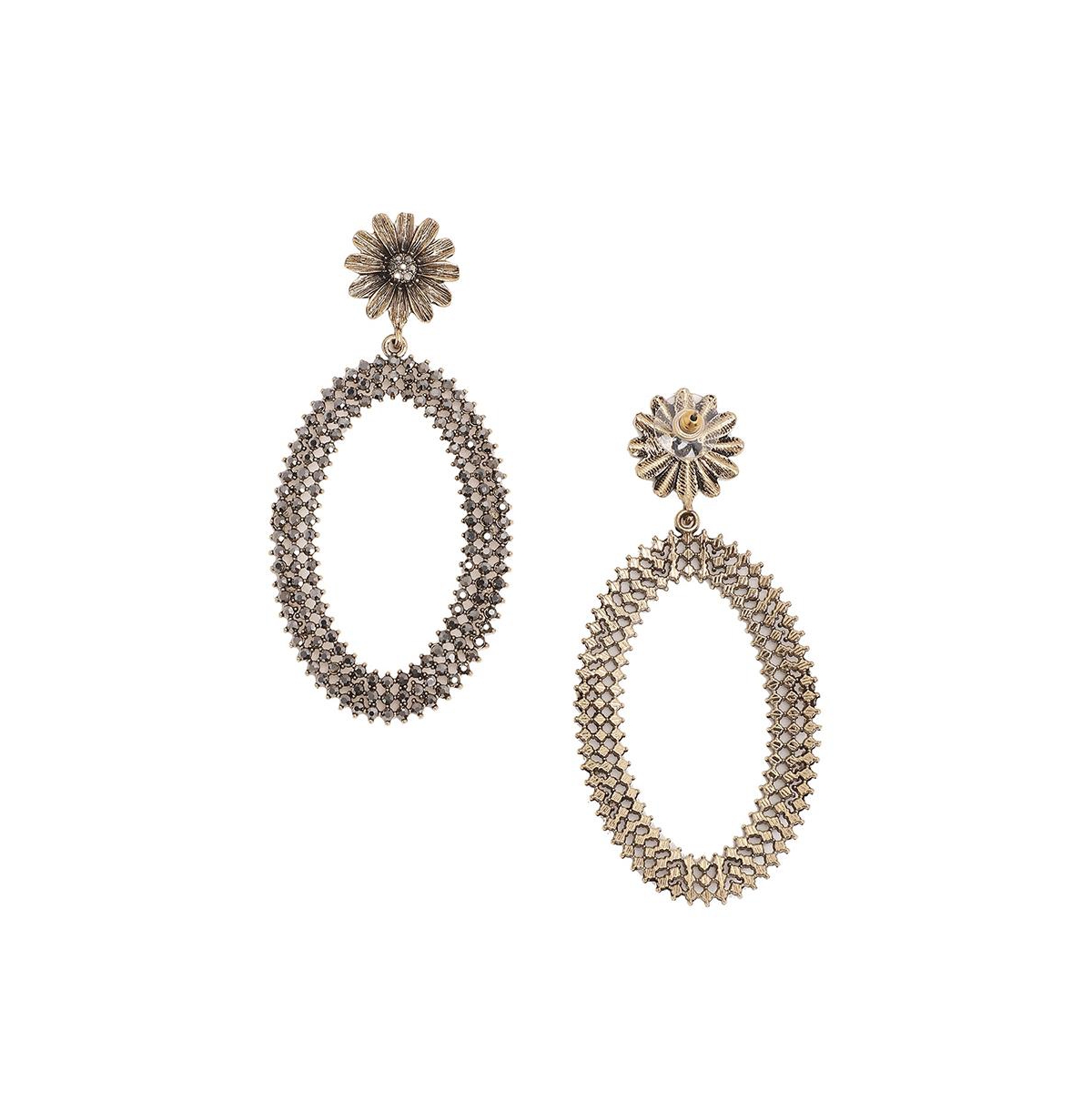 Sohi Maxi Daisy Intricate Oval Drop Earrings In Silver