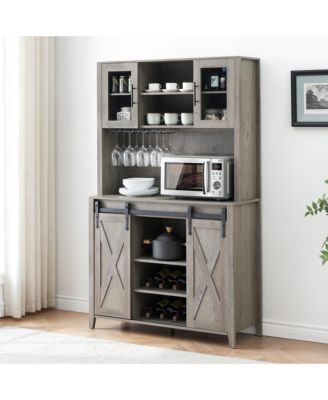 70" Farmhouse Bar Wine Cabinet with Sliding Barn Doors, Coffee Liquor Cabinets with Storage Shelves and Glasses Rack for Kitchen, Dining Room