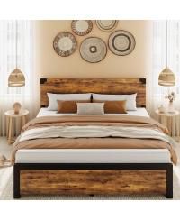 Full Bed Frame, Platform Full Size Bed Frame with Wood Headboard