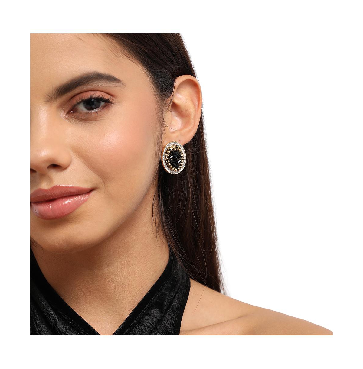 Sohi Embellished Cluster Oval Stud Earrings In Black