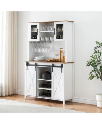 Farmhouse Bar Wine Cabinet with Sliding Barn Doors, Coffee Liquor Cabinets with Storage Shelves and Glasses Rack for Kitchen, Dining Room