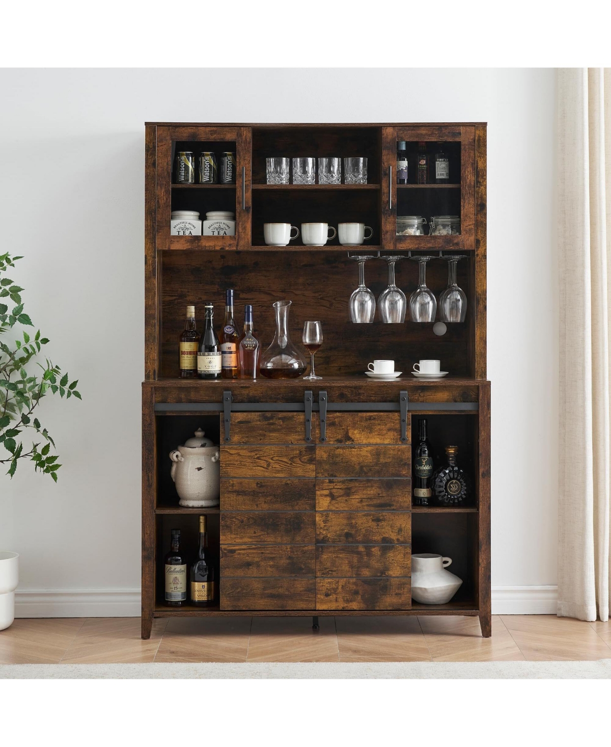 gaomon 70'' Tall Farmhouse Coffee Bar Cabinet, Kitchen Hutch Storage with Sliding Barn Door, Kitchen Buffet with Wine Rack, Glass Holder