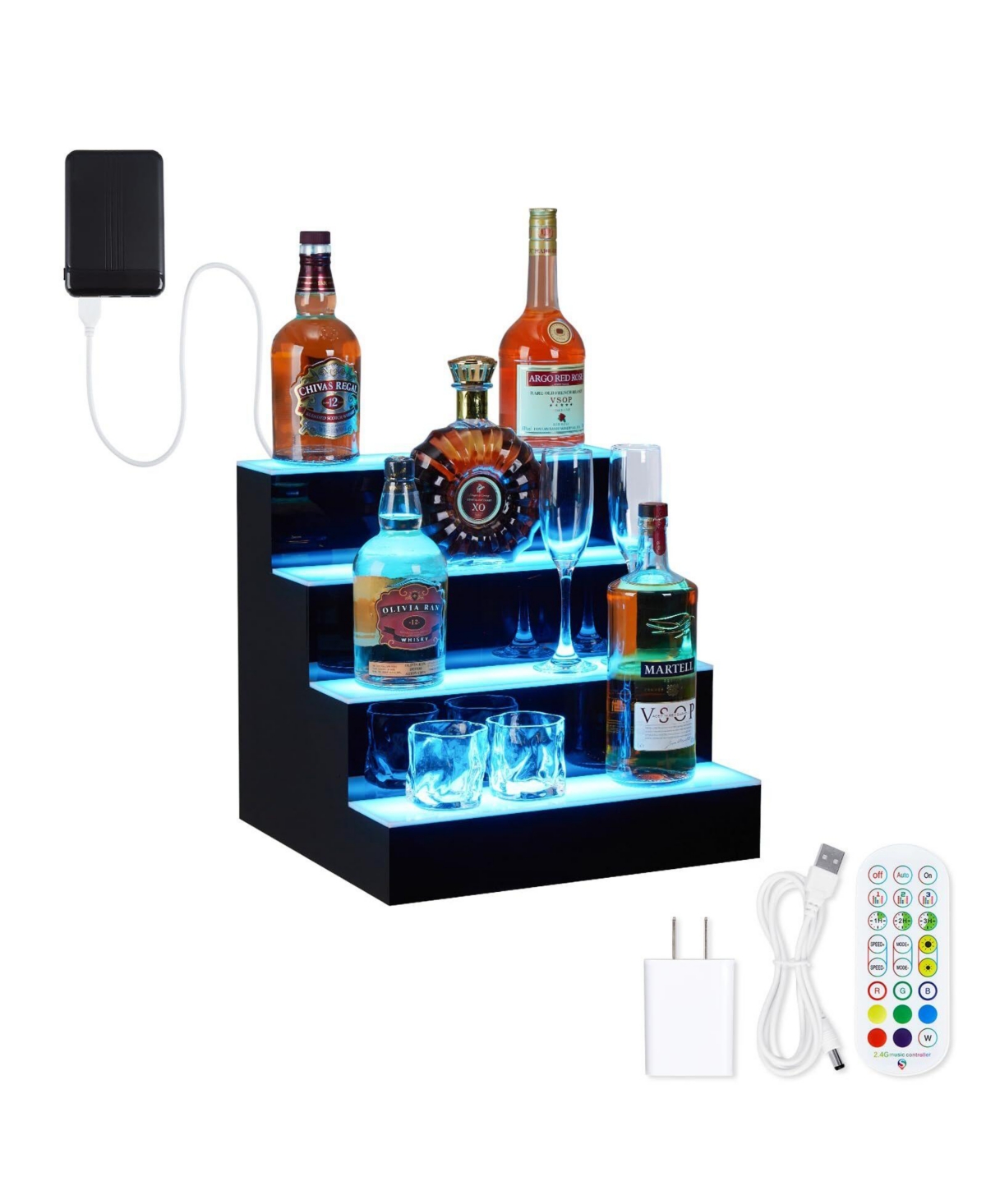 gaomon 16-Inch 4-Tier Led Wine Display Rack - Acrylic Wine Rack, Remote Control, App-Controlled, Modern Design, Home Bar Accessory - White