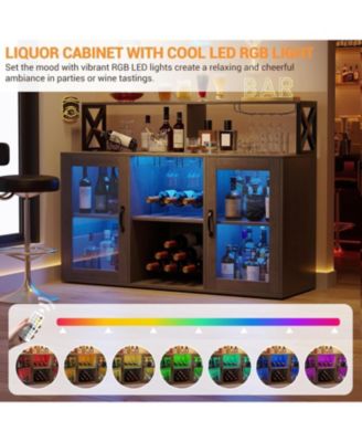 Farmhouse Wine Bar Cabinet with Led Light,Tempered Glass Doors, Power Outlet,Wine and Goblet Holder,Liquor Storage Cabinet for Dining Room, Living Room, Kitchen
