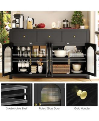 Buffet Cabinet with Storage, 55.1" Large Sideboard Buffet Cabinet, Farmhouse Kitchen Cabinet Display Cabinet with 3 Drawers and 4 Doors, Wood Coffee Bar Cabinet for Kitchen Dining Room,Black