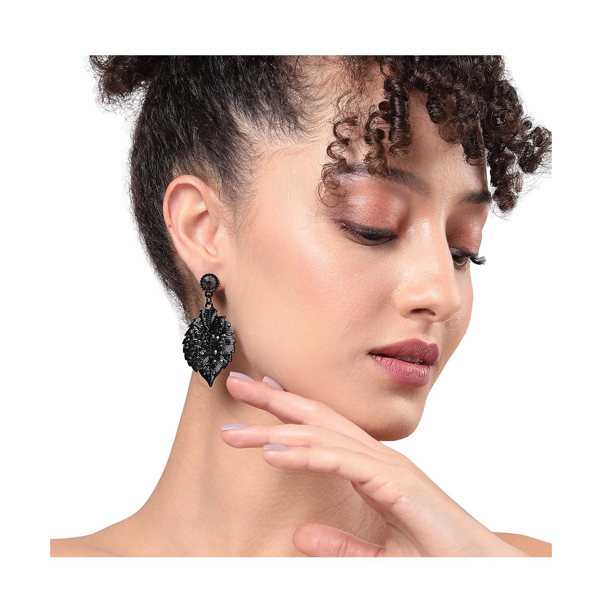Sohi Embellished Leaf Drop Earrings In Black