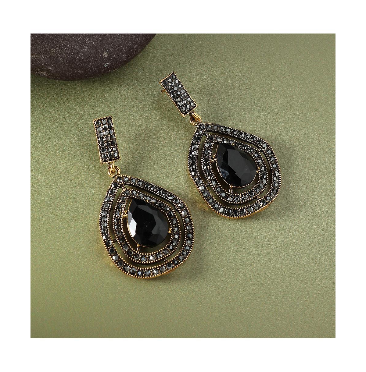 Sohi Embellished Lined Teardrop Earrings In Black
