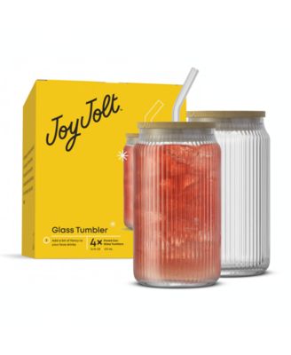 Fluted Glass Tumblers with Bamboo Lids and Straws, Set of 4