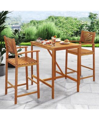 Set of 2 Outdoor Acacia Wood Bar Stools Bar Height Patio Chairs w/ Backrests