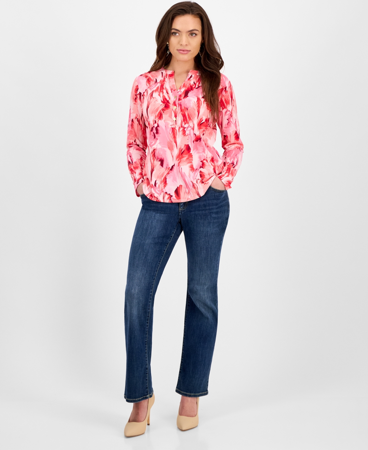 INC INTERNATIONAL CONCEPTS PETITE FLORAL BUTTON-PLACKET TOP, EXCLUSIVELY FOR MACY'S 