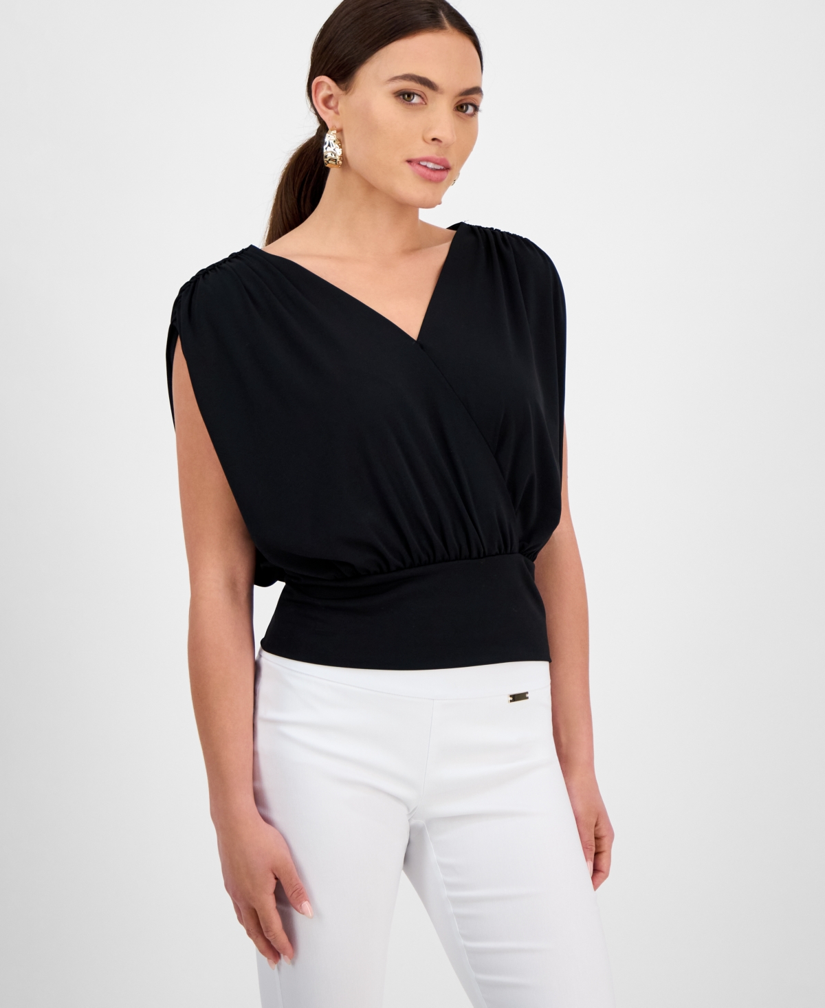Petite Surplice-Neck Sleeveless Top, Exclusively at Macy's - Vintage Cream