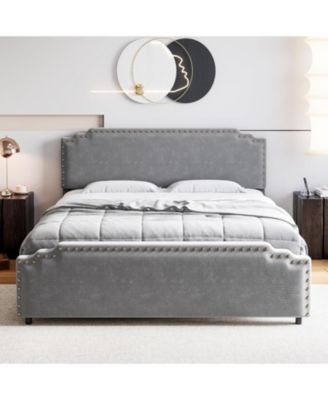 Queen Size Bed Frame with Headboard, Velvet Upholstered Platform Bed with Rivet Decor, Heavy Duty, No Box Spring Needed, Easy Assembly