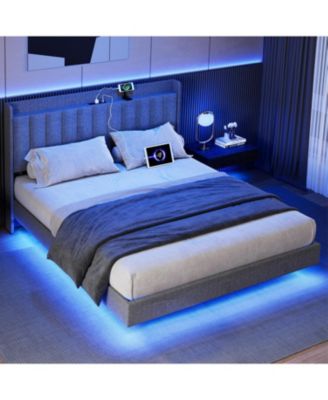 Queen Size Floating Bed Frame with LED Lights, Upholstered Platform Bed Frame with Charging Station & Storage Headboard, No Box Spring Needed