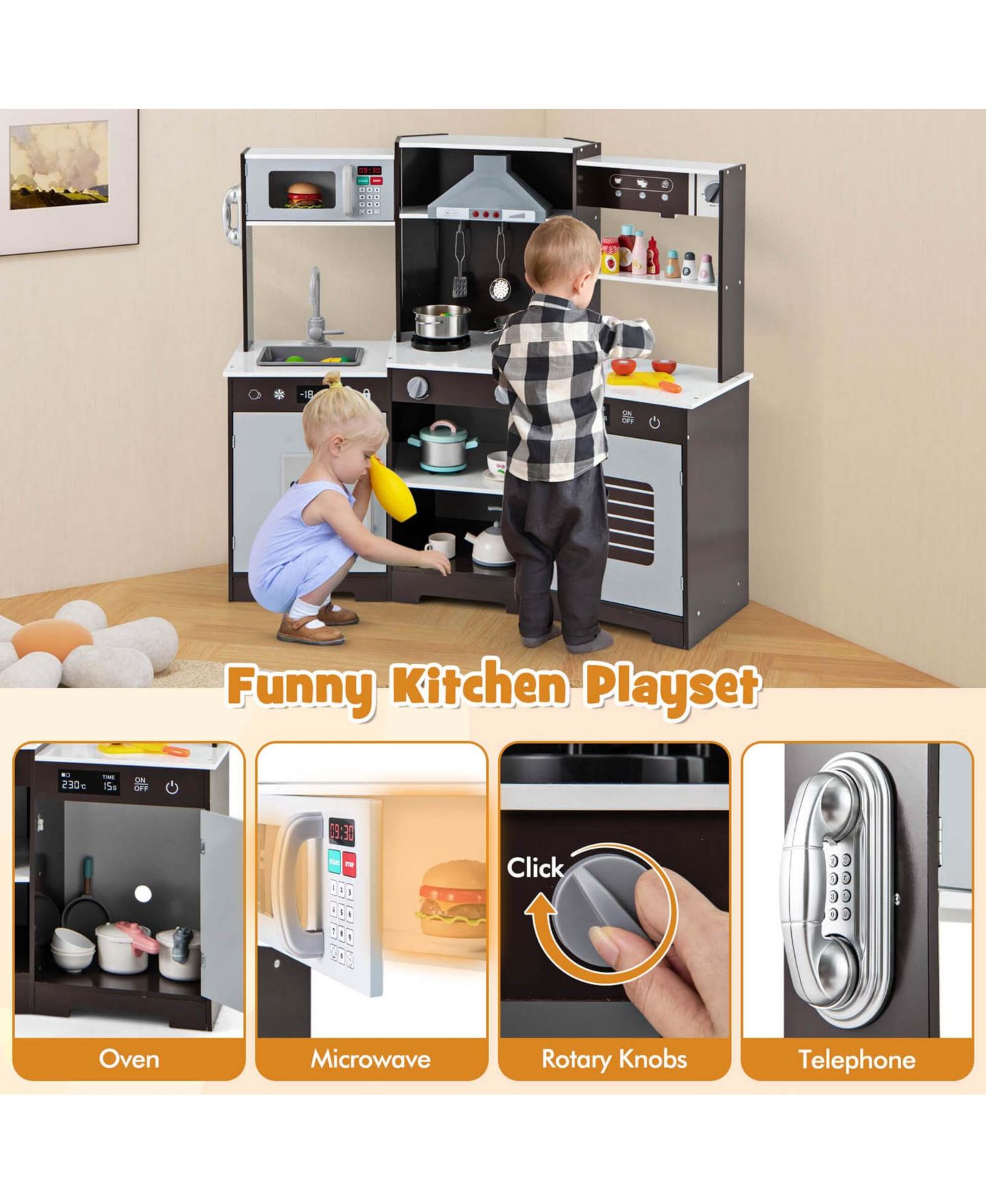 Детская игрушка Costway Light-Up Wooden Pretend Play Kitchen, Ages 3+, цвет: Серый — фото 7
