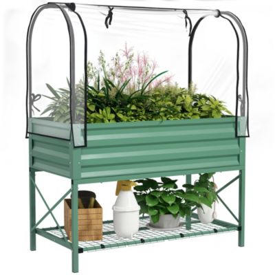Metal Raised Garden Bed with Legs, Cover, and Storage Shelf,