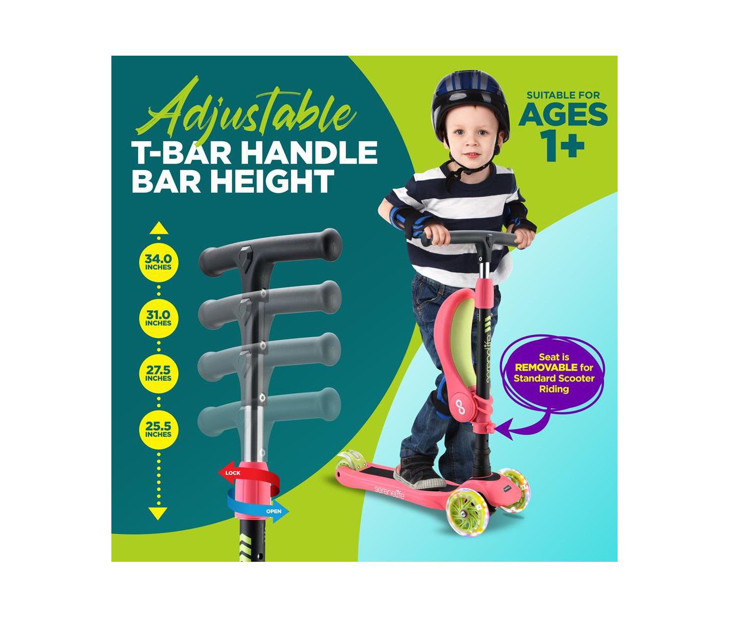 Детская игрушка SereneLife Infinity 3-Wheel Kids Scooter with LED Wheels & Adjustable Handlebar, 132 lb. Weight Capacity, Ages 2-7, цвет: Розовый — фото 4