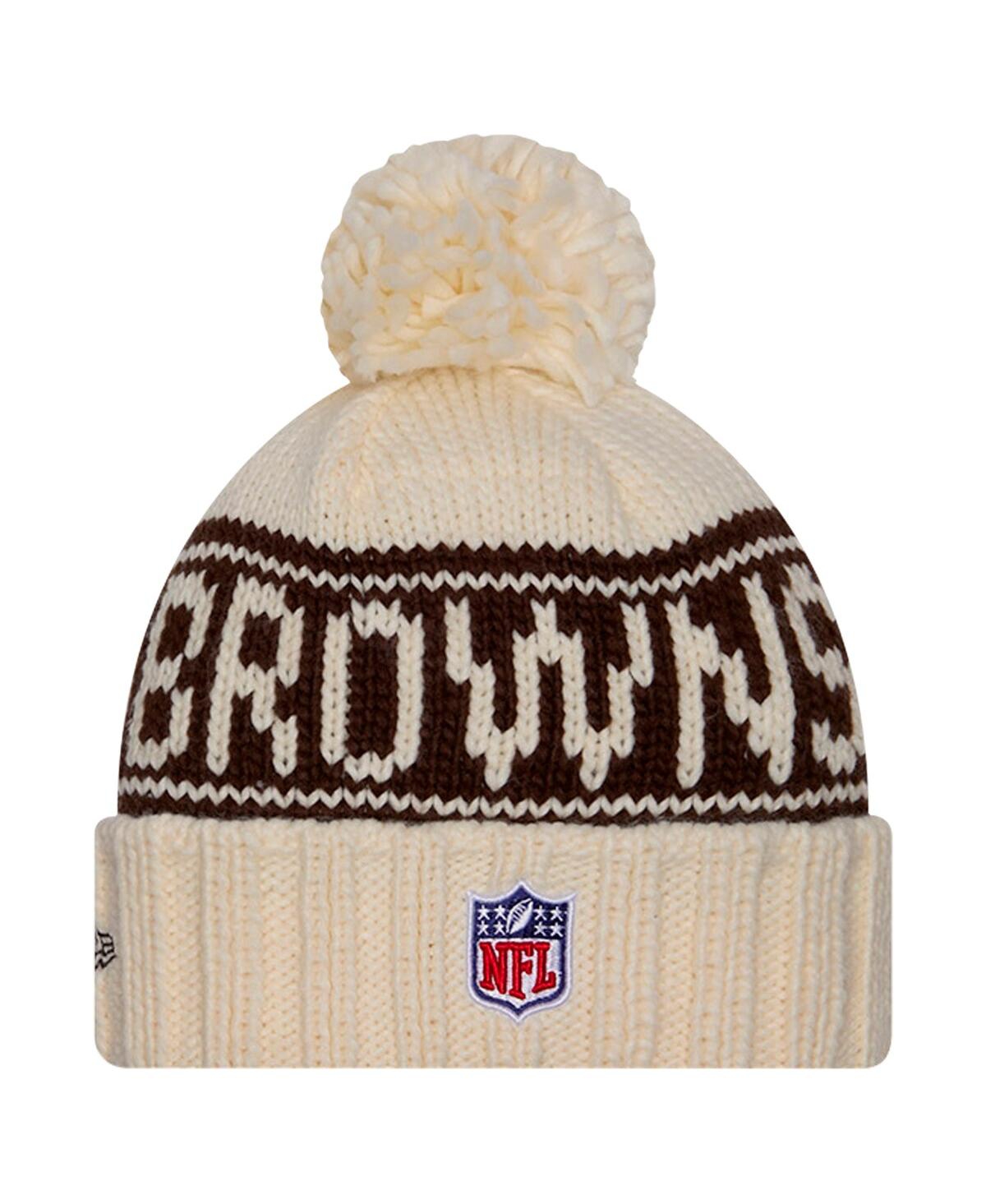 New Era Women's Cream Cleveland Browns 2024 Sideline Cuffed Knit Hat With Pom In Cream