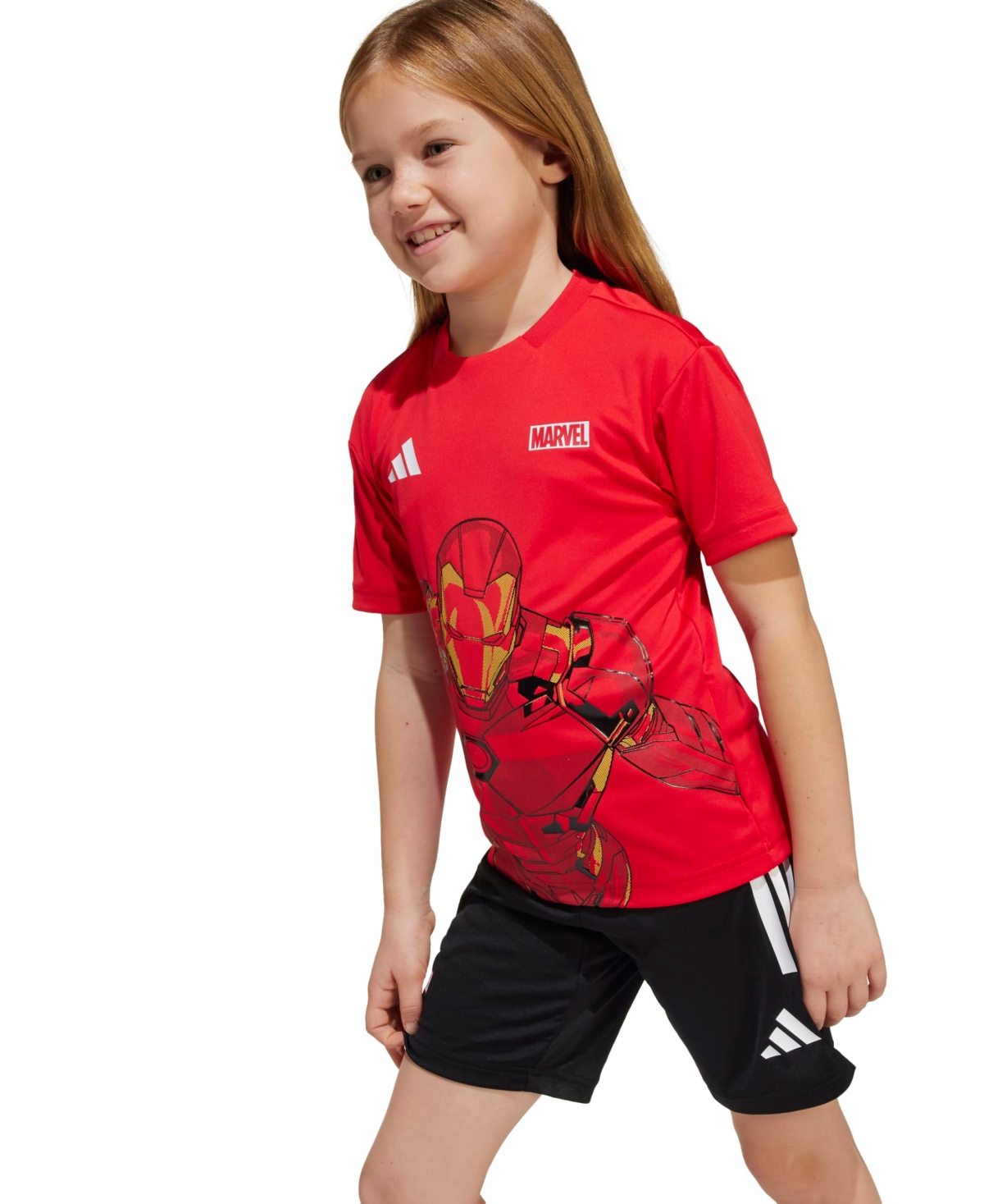 Adidas Originals Juniors Marvel Iron-man Shorts And T-shirt, 2-piece Set In Pure Ruby,white
