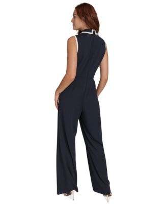 Women's Collared Contrast-Trim Sleeveless Straight-Leg Jumpsuit