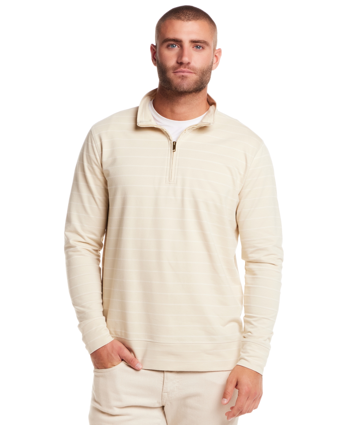Men's Striped Long Sleeve Quarter Zip Pullover T-shirt - Bleached Sand