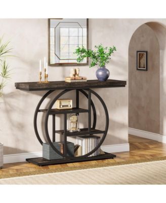 41.3" Console Table, Industrial 4-Tier Sofa Table Entryway Table with Circle Base, Narrow Wood Accent Tables with Shelves, Light Brown