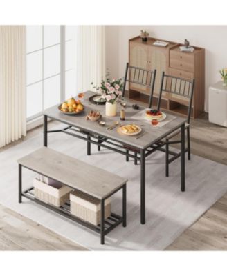 Dining Table Set for 4 Kitchen Table With Bench & 2 Chairs 4-Piece Dining Table Set w/ Storage Wine Rack Rectangular Dining Furniture Set With Chairs and Bench for Small Space, Apartment
