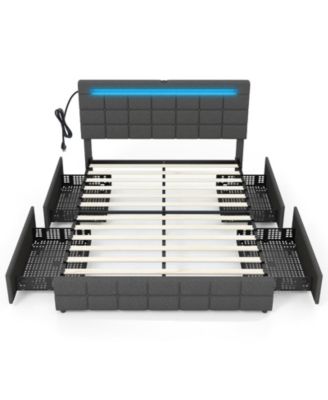Upholstered Queen LED Bed Frame with Headboard and 4 Drawers-Queen Size
