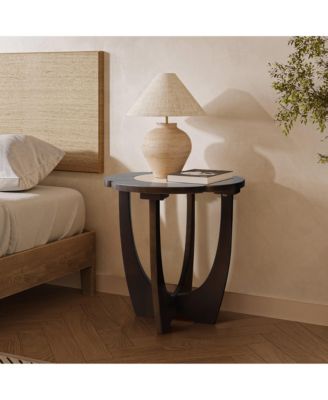 16.9" Round Dark Pine Wood Side Table with Petal Design – End Table