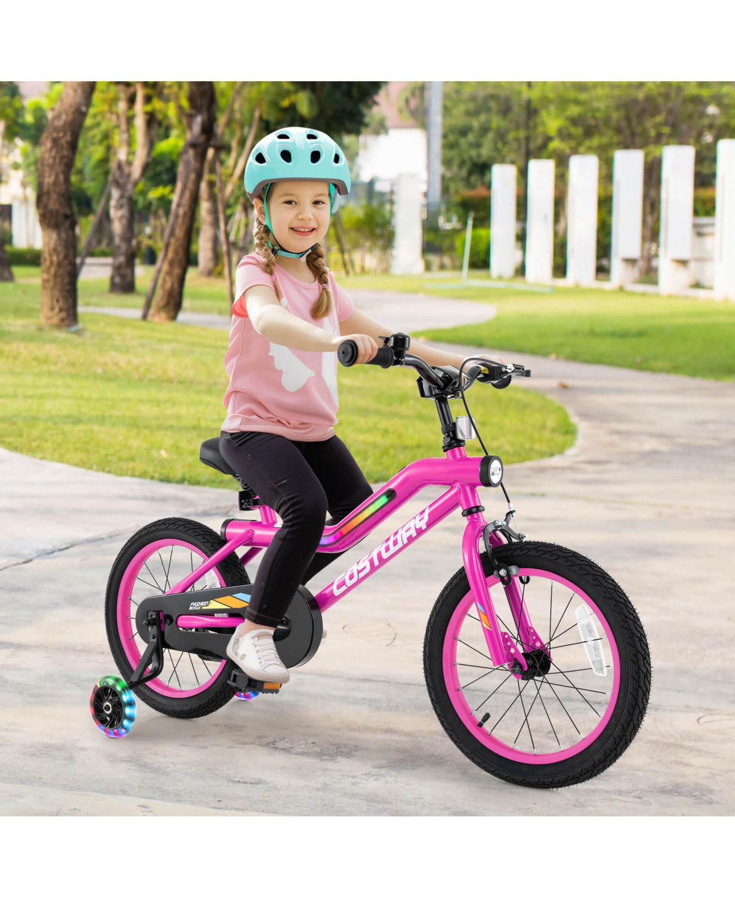 Детская игрушка Costway Aurora Spark I 16" LED-Lighted Coaster-Brake Kids Bike with Training Wheels, 145 lb Capacity, 4–7 лет, цвет: Розовый — фото 3
