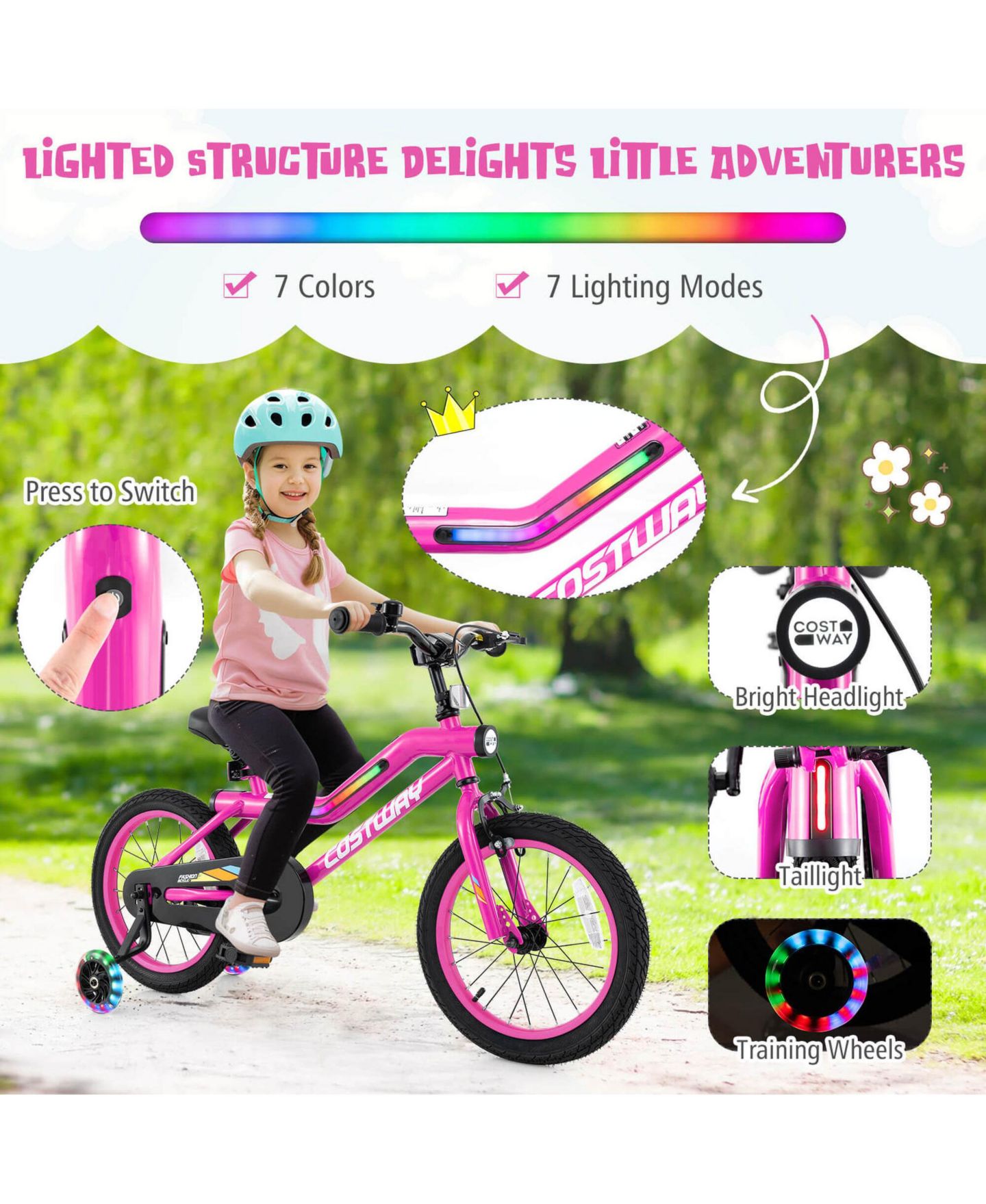 Детская игрушка Costway Aurora Spark I 16" LED-Lighted Coaster-Brake Kids Bike with Training Wheels, 145 lb Capacity, 4–7 лет, цвет: Розовый — фото 9