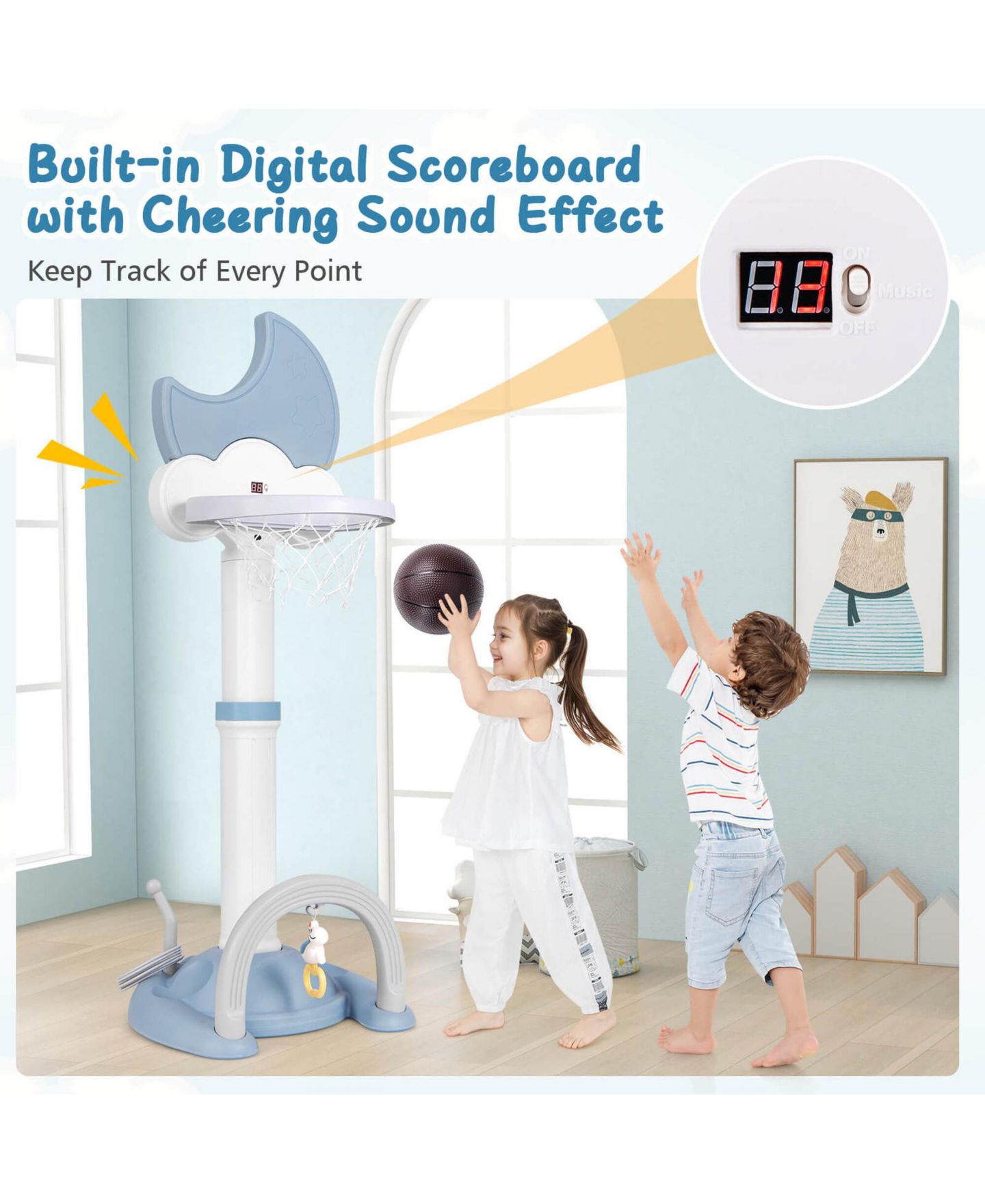Детские игрушки Costway 4-in-1 Toddlers Basketball Hoop with Soccer Golf and Ring Toss Game, цвет: Синий — фото 4