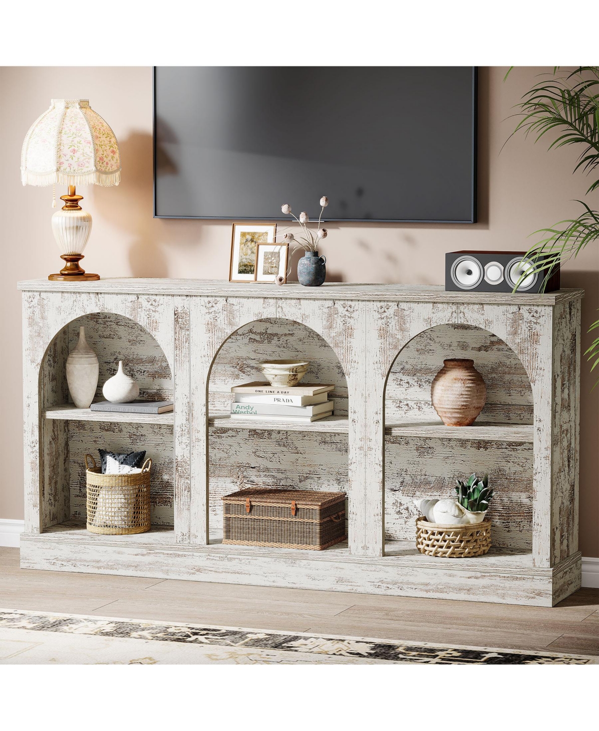 Tribesigns Farmhouse Console Table, 63-Inch Long Entryway Table with 3 Tier Storage, Wooden Rectangular Sofa Behind The Couch