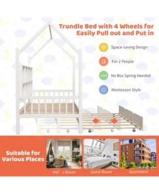 Twin Size Kids Montessori Daybed with Roof Design and Built-in Shelf Compartments