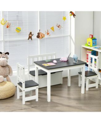 4 Pieces Kids Wooden Activity Table and Chairs Set with Storage Bench and Study Desk