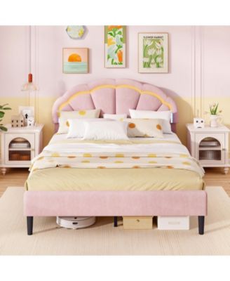 Queen Size Upholstered LED Bed Frame with Adjustable Flower Headboard and Metal Support Legs