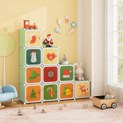 12-Cube Kids Wardrobe Baby Dresser Bedroom Armoire Clothes Hanging Closet with Doors