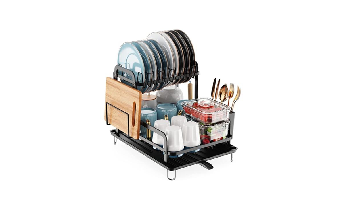 2-Tier Dish Drying Rack for Kitchen Dish Rack with Utensil Holder Bowl Rack Dish Rack - Black