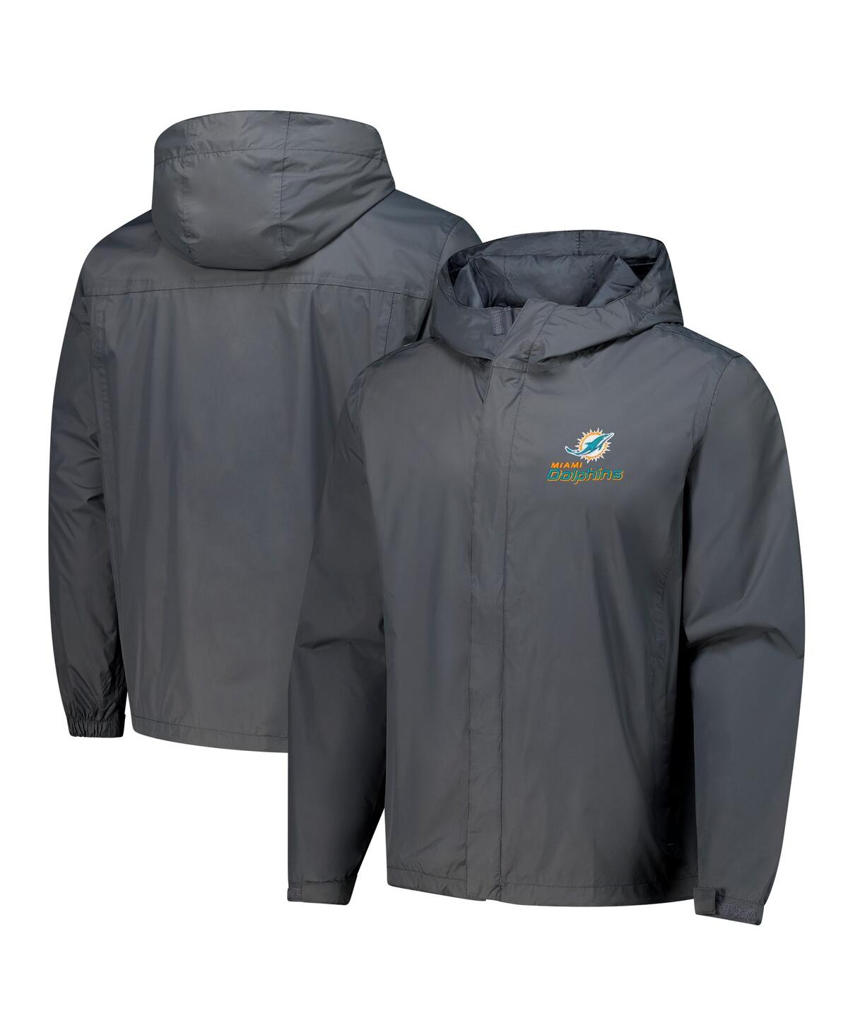 DUNBROOKE MEN'S GRAPHITE MIAMI DOLPHINS TROPIC WATERPROOF PACKABLE FULL-ZIP HOODIE JACKET 