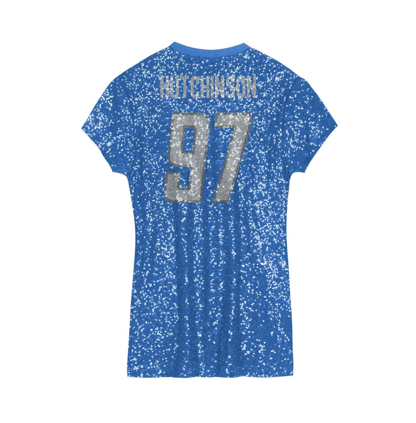 Платье Outerstuff Aidan Hutchinson Blue Detroit Lions Sequin Player Name & Number V-Neck Dress для девочек — фото 3