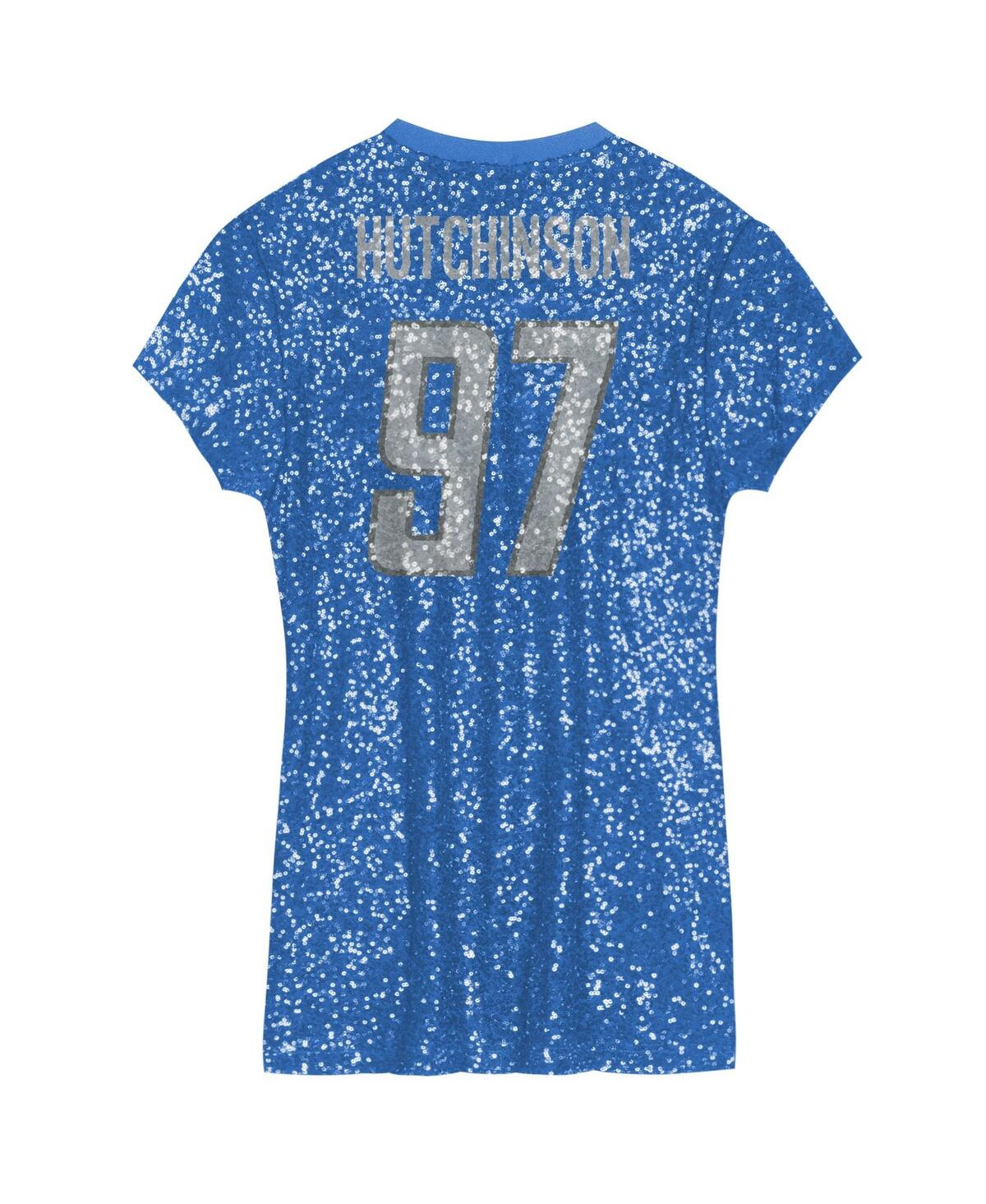 Outerstuff Big Girls Aidan Hutchinson Blue Detroit Lions Sequin Player Name Number V-neck Dress In Blue