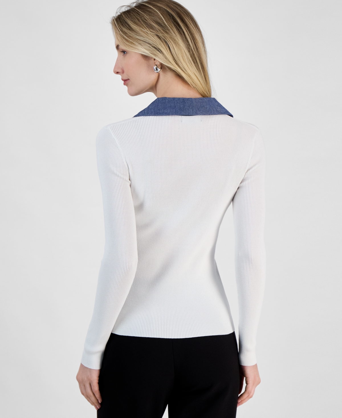 T Tahari Women's Contrast Collared Ribbed Knit Sweater In White Star W Lightt Denim